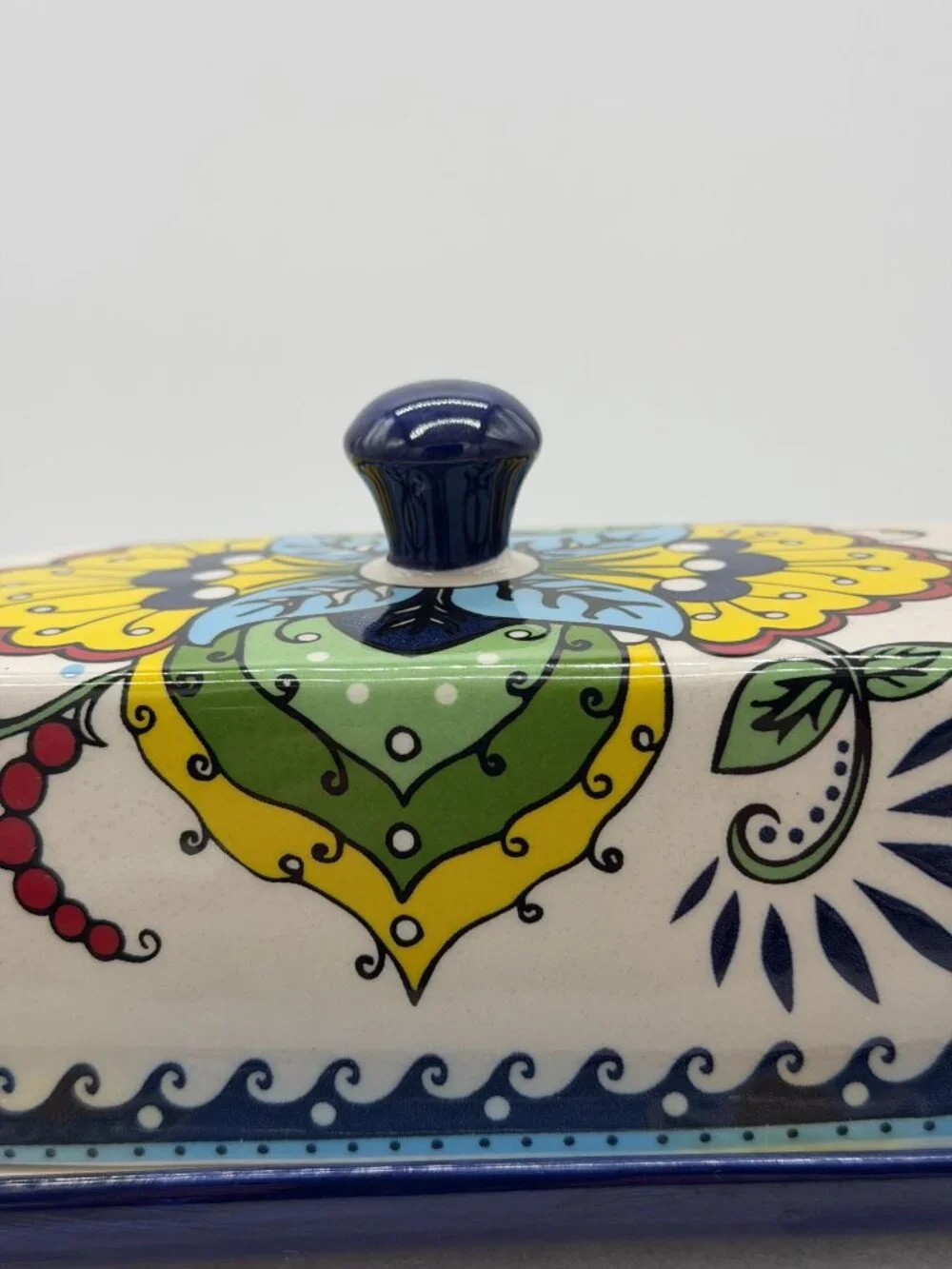 Colorful Ceramic Lidded Butter Cheese Dish with Floral Design